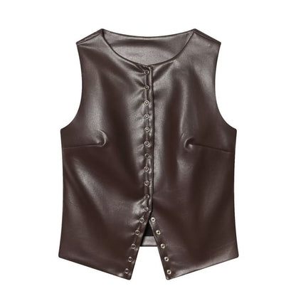 Sleeveless Faux Leather Snap Button Top