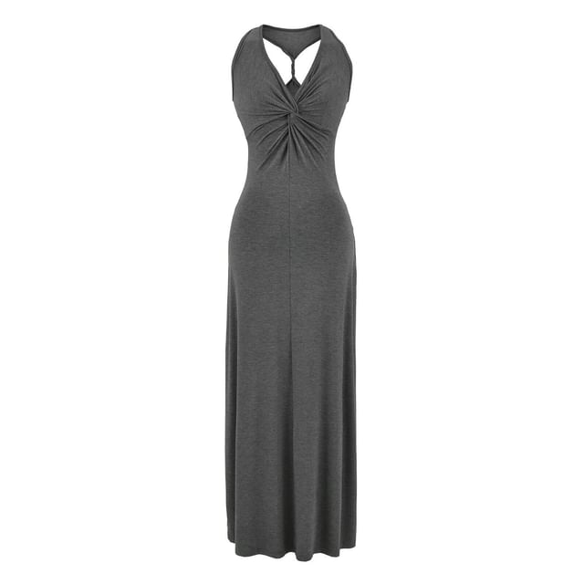 Sleeveless V-Neck Twisted Plain Maxi Sheath Dress