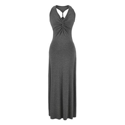 Sleeveless V-Neck Twisted Plain Maxi Sheath Dress