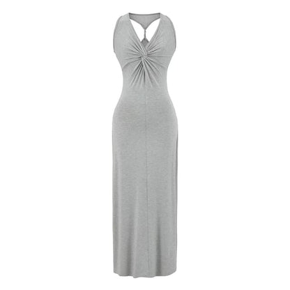Sleeveless V-Neck Twisted Plain Maxi Sheath Dress