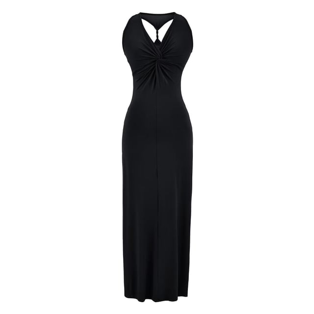 Sleeveless V-Neck Twisted Plain Maxi Sheath Dress