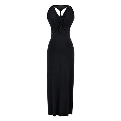 Sleeveless V-Neck Twisted Plain Maxi Sheath Dress
