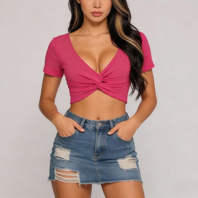 V-Neck Twisted Cropped Tee with Short Sleeves