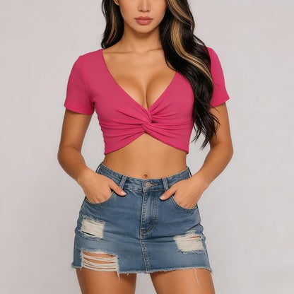 V-Neck Twisted Cropped Tee with Short Sleeves