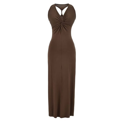 Sleeveless V-Neck Twisted Plain Maxi Sheath Dress
