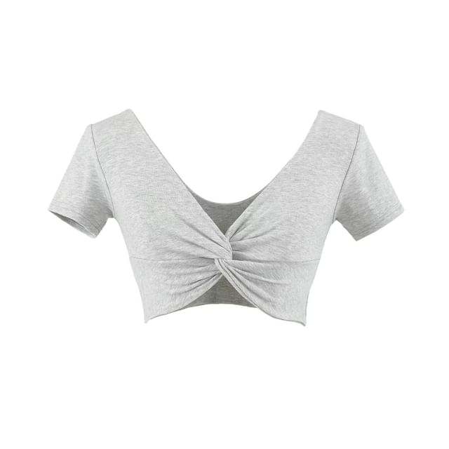 V-Neck Twisted Cropped Tee with Short Sleeves