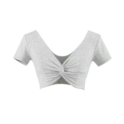 V-Neck Twisted Cropped Tee with Short Sleeves