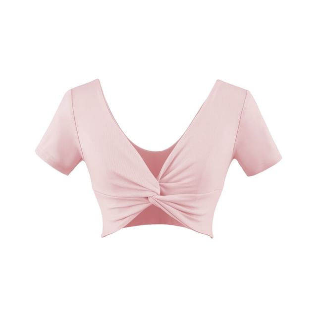V-Neck Twisted Cropped Tee with Short Sleeves