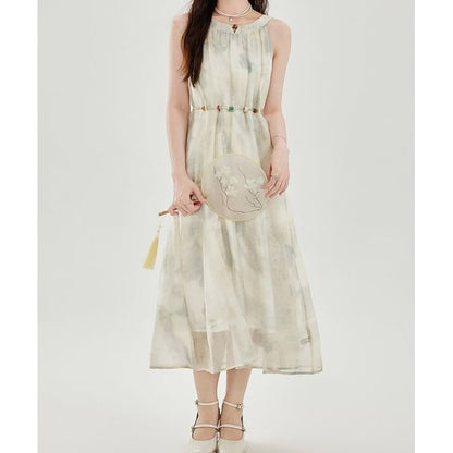 Sleeveless Round Neck Tie Dye Midi A-Line Dress / Round Neck Plain Cardigan