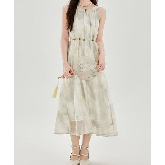 Sleeveless Round Neck Tie Dye Midi A-Line Dress / Round Neck Plain Cardigan