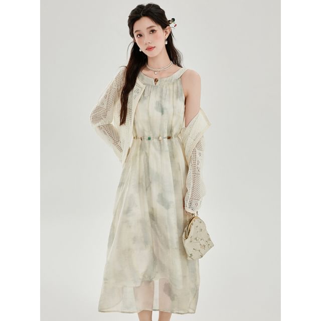 Sleeveless Round Neck Tie Dye Midi A-Line Dress / Round Neck Plain Cardigan