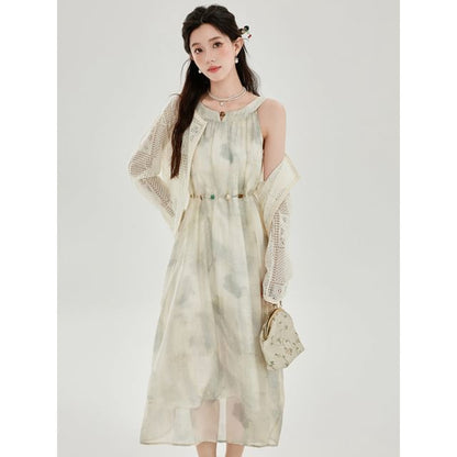 Sleeveless Round Neck Tie Dye Midi A-Line Dress / Round Neck Plain Cardigan