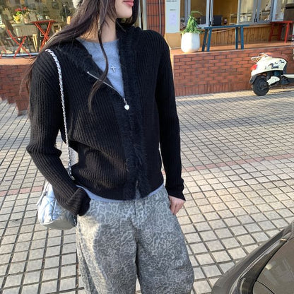 Plain Hooded Ribbed Zip Cardigan