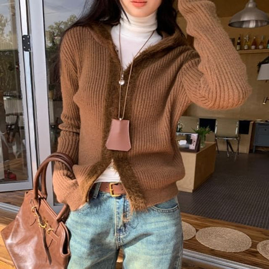 Plain Hooded Ribbed Zip Cardigan