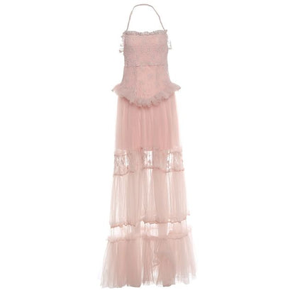 Halter Detachable Strap Ruffle Tiered Lace Panel Mesh Maxi A-Line Dress