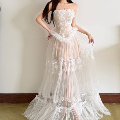 Halter Detachable Strap Ruffle Tiered Lace Panel Mesh Maxi A-Line Dress