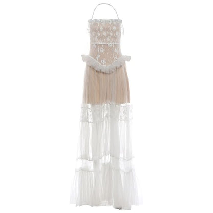 Halter Detachable Strap Ruffle Tiered Lace Panel Mesh Maxi A-Line Dress