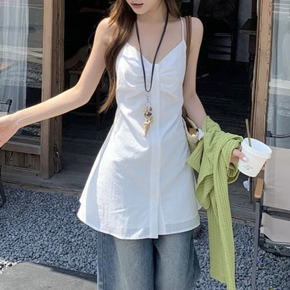 Plain Crop Cardigan / V-Neck Flowy Camisole Top