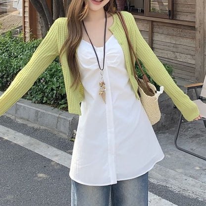 Plain Crop Cardigan / V-Neck Flowy Camisole Top