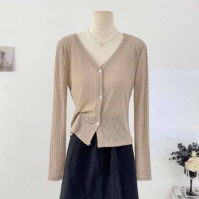 V-Neck Plain Ribbed Knit Cardigan