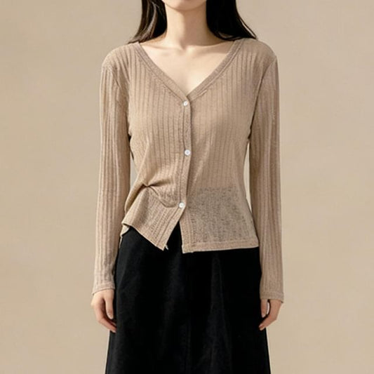 V-Neck Plain Ribbed Knit Cardigan