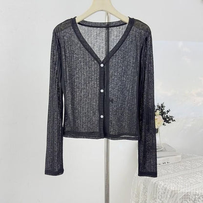 V-Neck Plain Ribbed Knit Cardigan