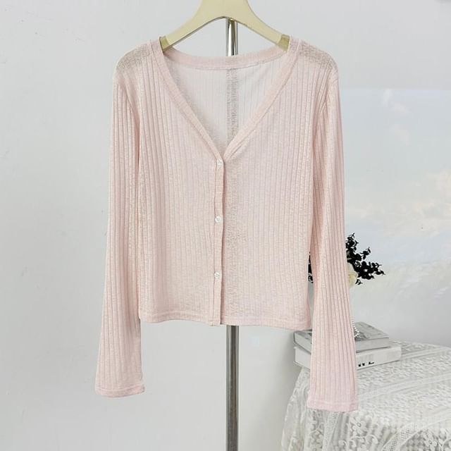 V-Neck Plain Ribbed Knit Cardigan