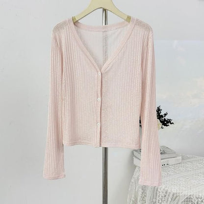V-Neck Plain Ribbed Knit Cardigan