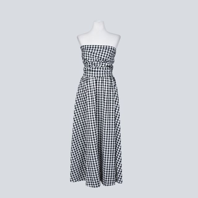 Strapless Gingham Ruched Maxi A-Line Dress