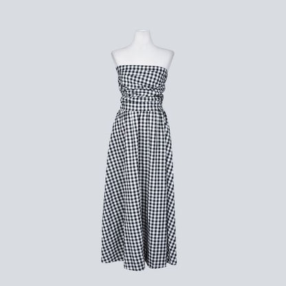 Strapless Gingham Ruched Maxi A-Line Dress