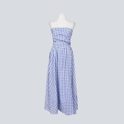 Strapless Gingham Ruched Maxi A-Line Dress