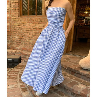 Strapless Gingham Ruched Maxi A-Line Dress