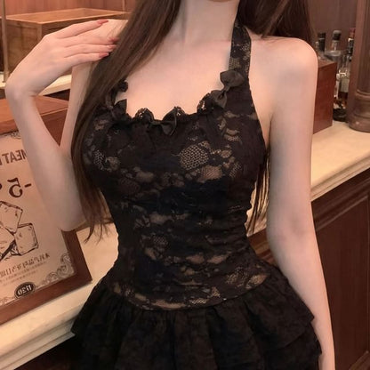 Halter Neck Lace Crop Top / Mini Tiered Skirt / Plain Crop Cardigan