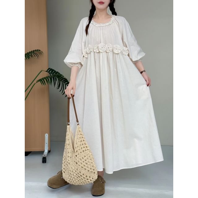 Puff-Sleeve Crewneck Plain Maxi A-Line Dress