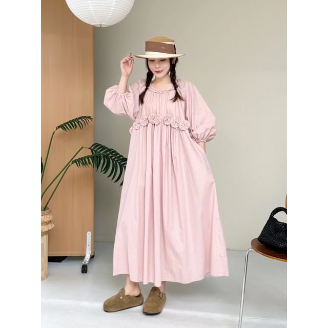 Puff-Sleeve Crewneck Plain Maxi A-Line Dress