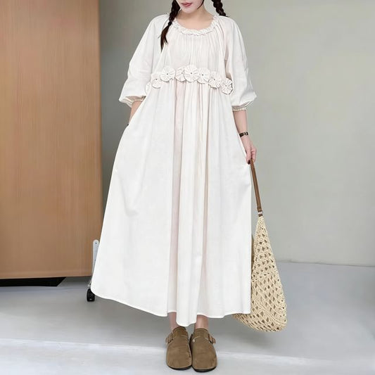 Puff-Sleeve Crewneck Plain Maxi A-Line Dress