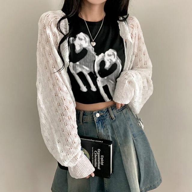 Perforated Open Front Cardigan