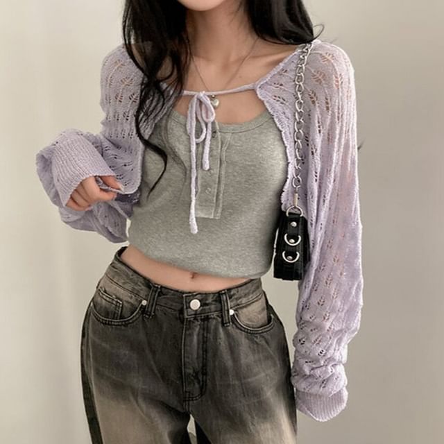 Perforated Open Front Cardigan