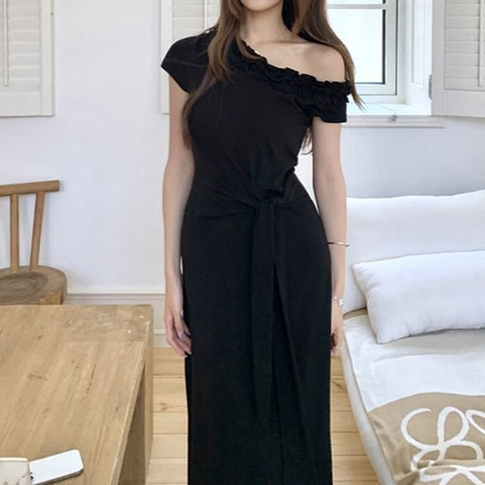 Short-Sleeve Ruffle Off Shoulder Plain Tie Waist Maxi Sheath Dress