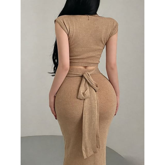 Sleeveless Scoop Neck Plain Cutout Tie Back Knit Maxi Sheath Dress