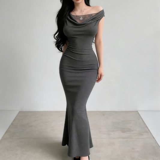 Sleeveless Cowl Neck Plain Panel Lace Maxi Mermaid Dress