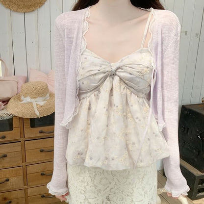 Lace Trim Tie Front Sheer Crop Cardigan