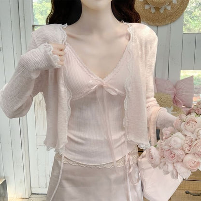 Lace Trim Tie Front Sheer Crop Cardigan