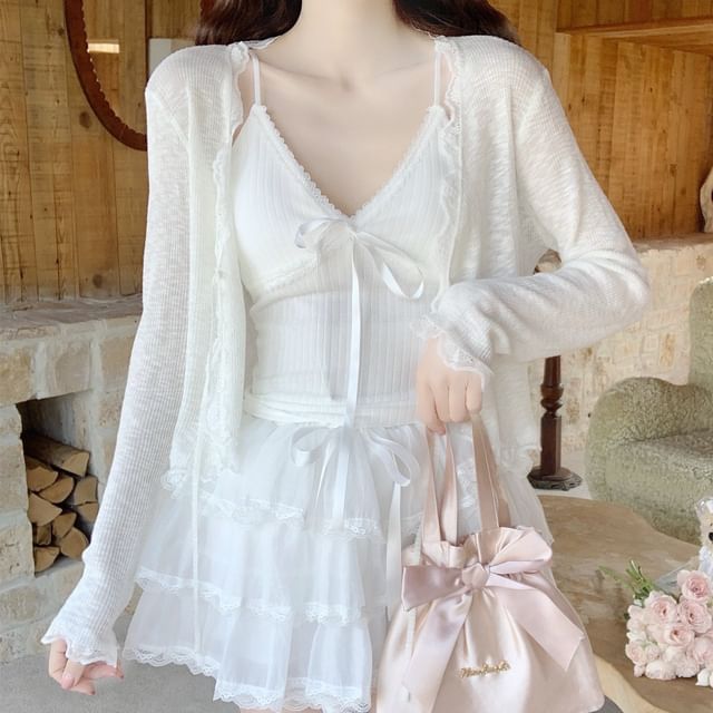 Lace Trim Tie Front Sheer Crop Cardigan