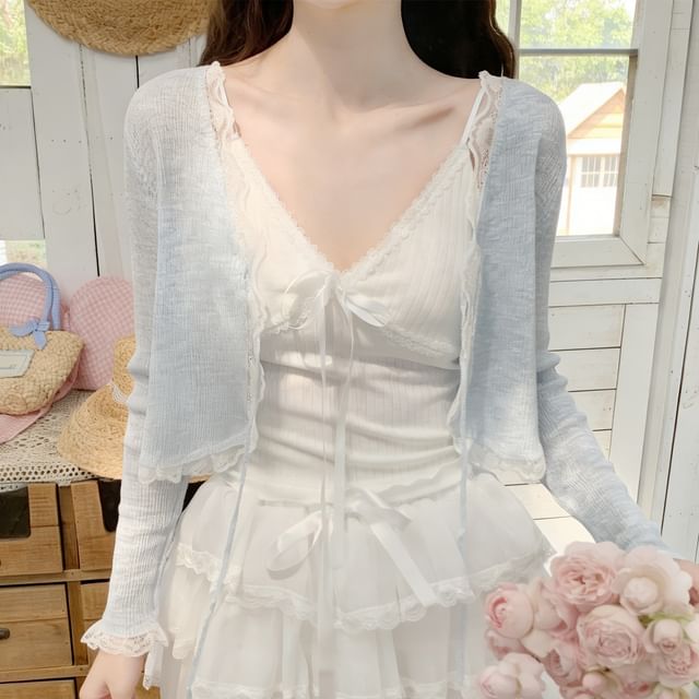 Lace Trim Tie Front Sheer Crop Cardigan