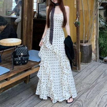 Set: Spaghetti Strap Dotted Ruffle Maxi A-Line Dress + Scarf