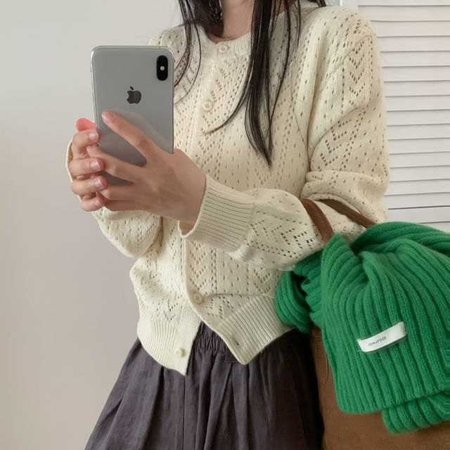 Crewneck Button-Up Plain Cardigan