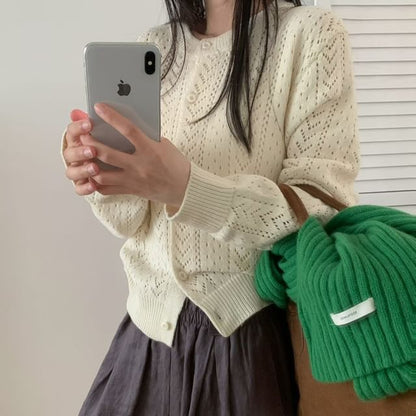 Crewneck Button-Up Plain Cardigan