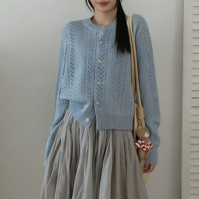 Crewneck Button-Up Plain Cardigan