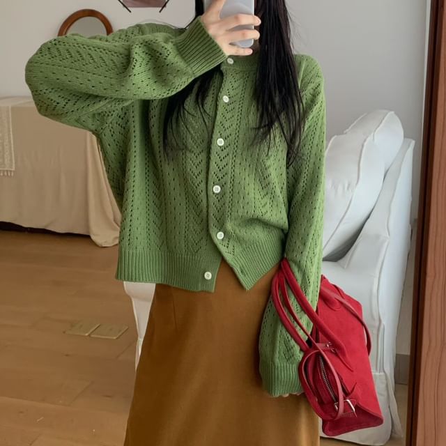 Crewneck Button-Up Plain Cardigan